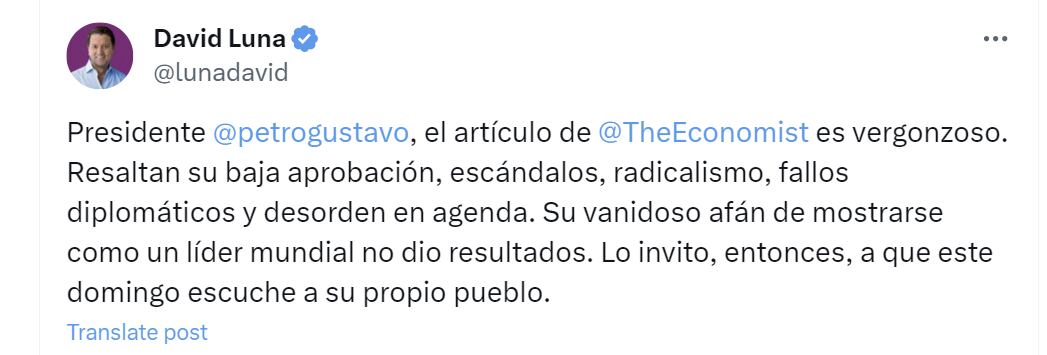 El senador David Luna tildó de “vergonzoso” el artículo The Economist que presenta a Gustavo Petro como el presidente que está “tambaleando” - crédito @lunadavid/X