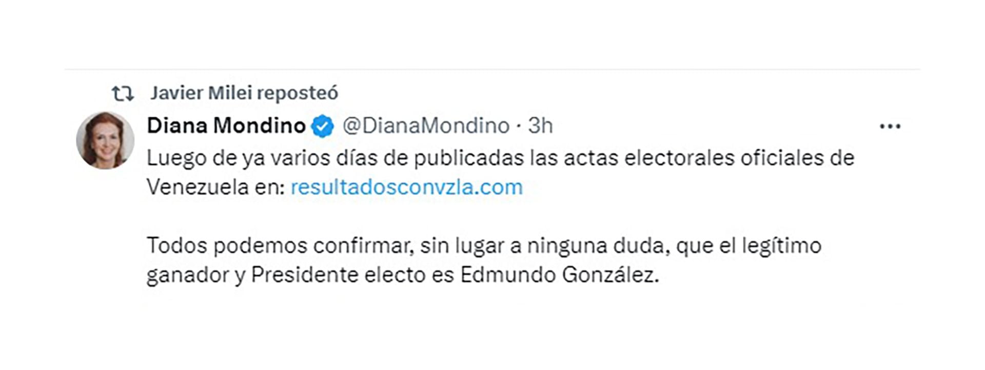 El Presidente compartió un mensaje de Diana Mondino que reconocía a Edmundo González Urrutia como presidente electo de Venezuela