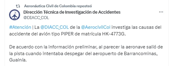 En un primer momento se conoció que la aeronave habría salido de la pista del aeropuerto de Barrancominas, Guainia - crédito @DIACC_COL/X