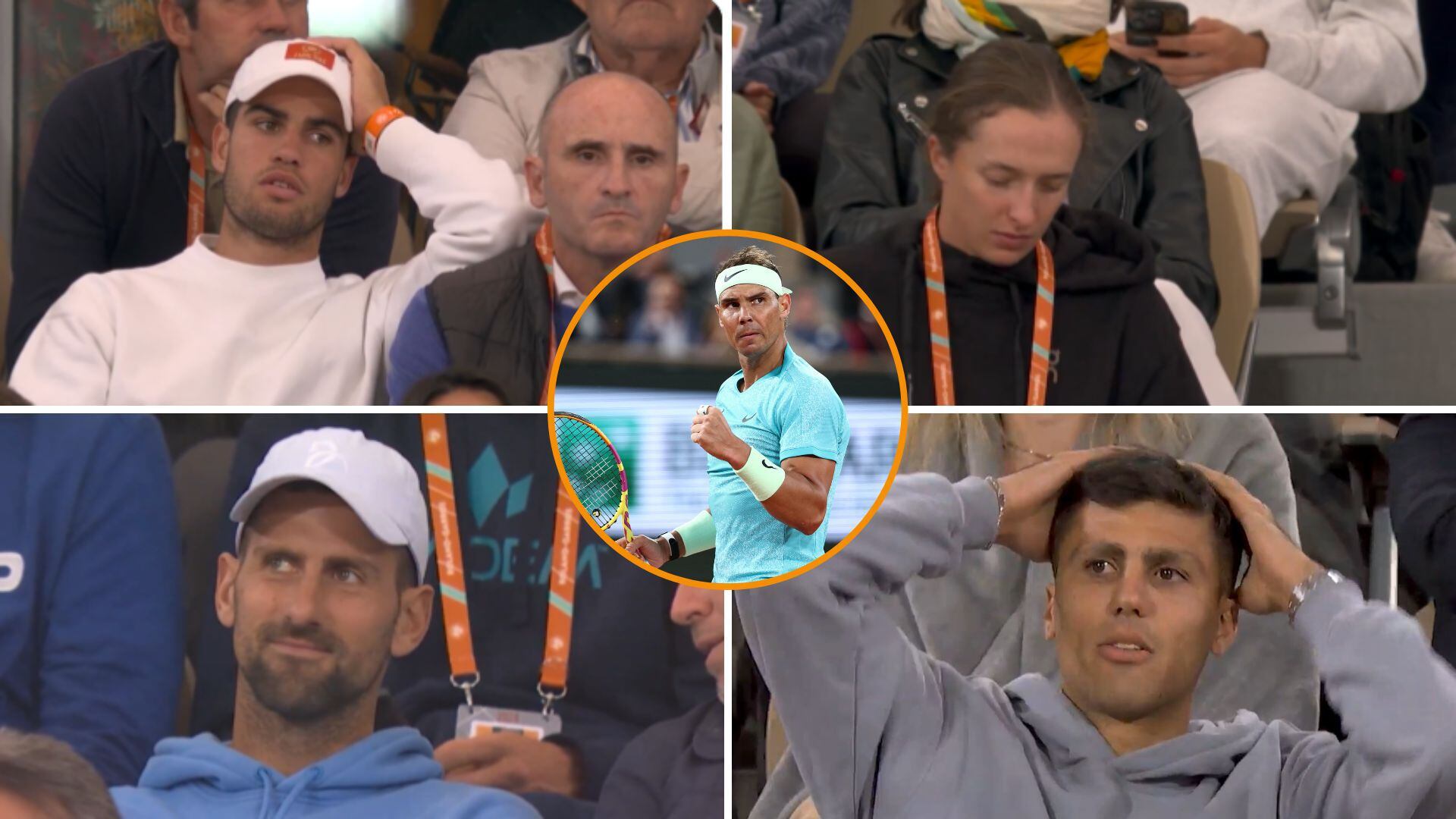 Alcaraz, Djokovic, Swiatek y Rodri viendo el partido entre Nadal y Zverev en Roland Garros (X @rolandgarros y Reuters, montaje Infobae).