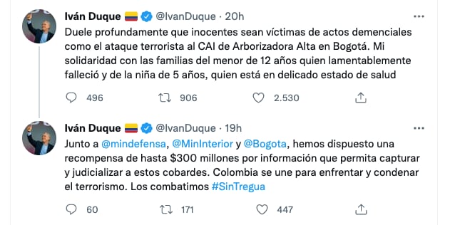 President Duque spoke out after an attack on an IAC in Ciudad Bolivar. Screenshot