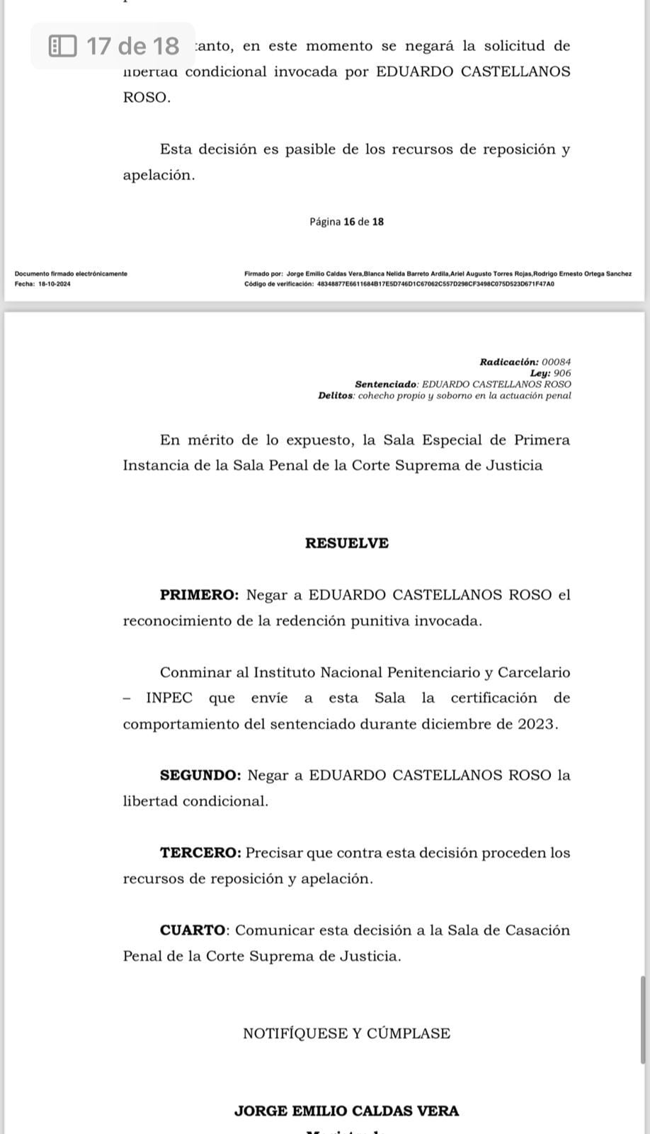 El tribunal determinó que Castellanos facilitó maniobras dilatorias y reveló información confidencial a favor de 'El Mellizo' - crédito Corte Suprema de Justicia