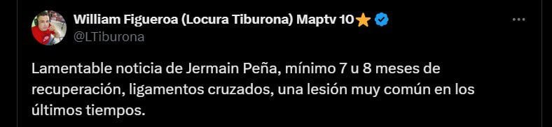 Jermein Peña, defensor del Junior, no volverá a las canchas en 2024 por rotura de ligamentos - crédito @LTiburona/X