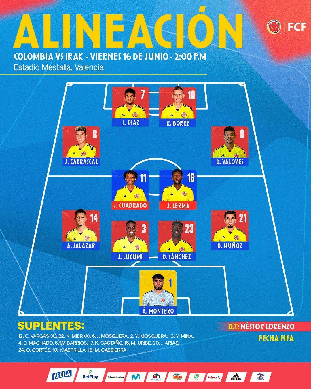 Alineaciones: amistoso internacional Colombia vs. Irak.