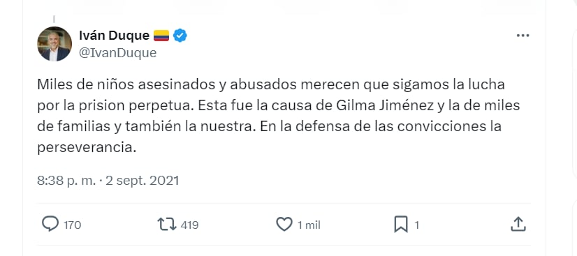 El presidente de Colombia para 2021, Iván Duque, expresó en su momento a través de su cuenta de X (antes conocida como Twitter), que 