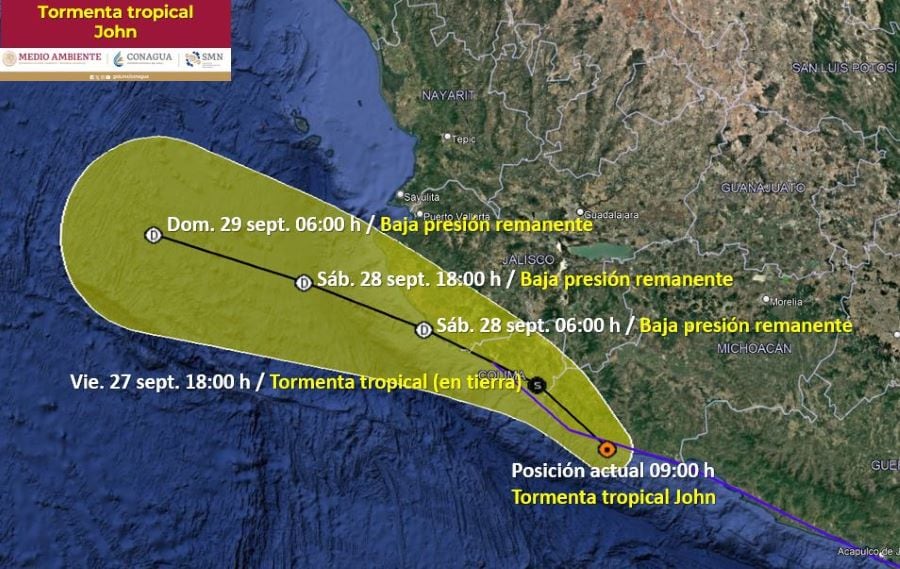 Trayectoria prevista para John en las próximas horas y días. (SMN/Conagua)