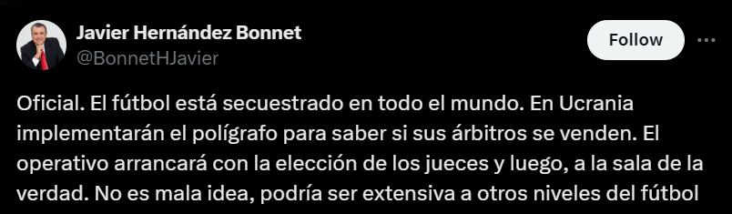 Javier Hernández Bonnet dio a conocer una posible solución ante escándalo por apuestas en el fútbol colombiano - crédito @BonnetHJavier/X