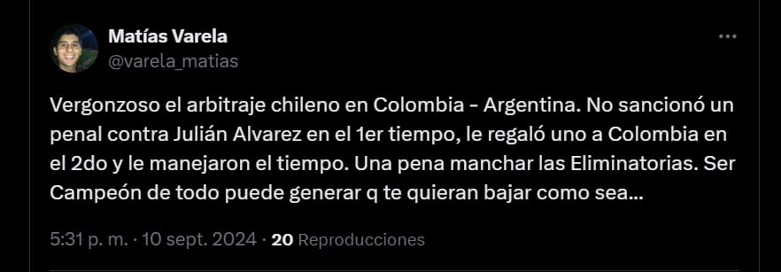 Hinchas argentinos cuestionaron el arbitraje en la derrota contra Colombia - crédito redes sociales/X