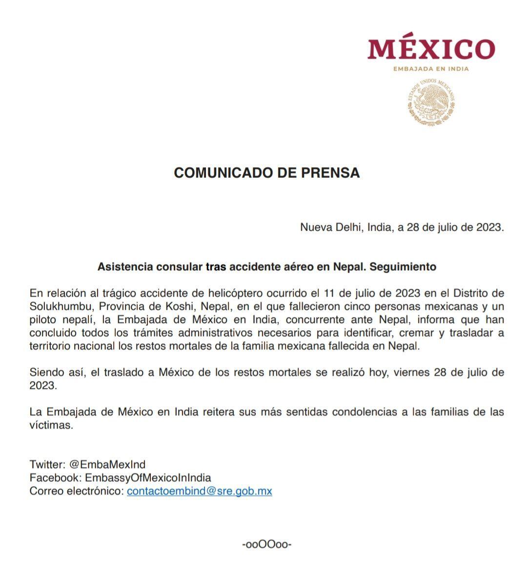 La Embajada de México en India informó que la repatriación se realizó este viernes 28 de julio. (TW(SRE_mx)