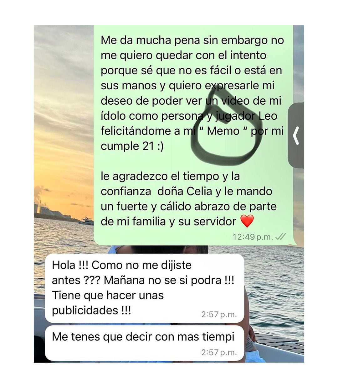 El chat entre Celia, la mamá de Lionel Messi, y una persona que le pidió si podría tener el saludo del futbolista en video (@M30Xtra)