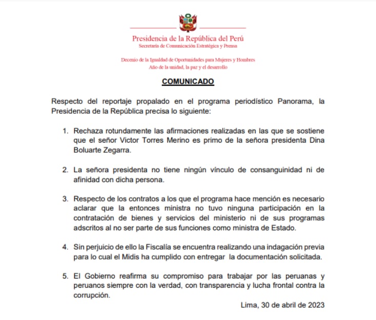 Presidencia se pronuncia sobre Víctor Torres Merino, amigo cercano de la presidenta Dina Boluarte y de su hermano Nicanor. | Presidencia