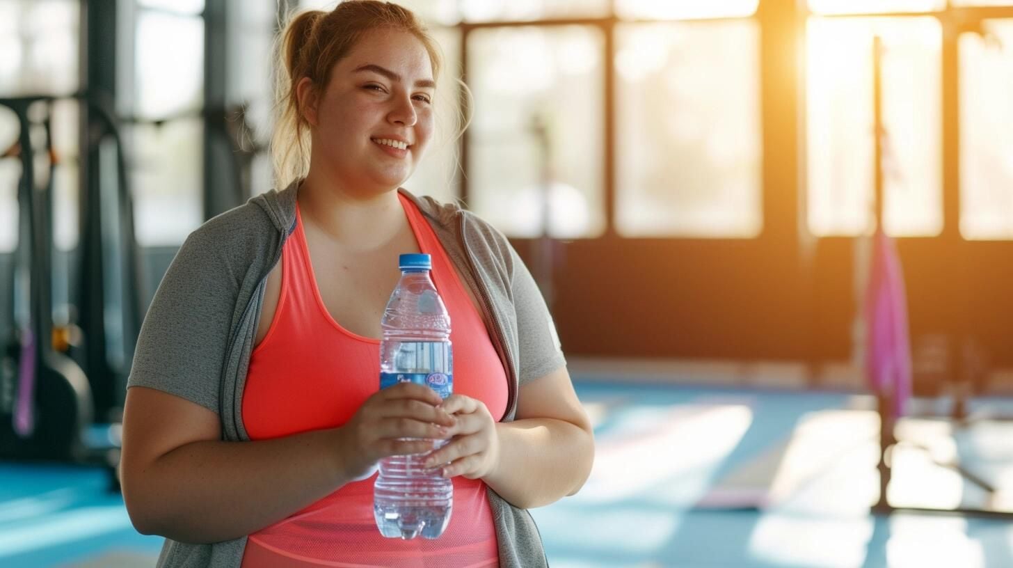 Joven de talla grande bebiendo agua para hidratarse después de hacer ejercicio, mostrando sudor y esfuerzo. La imagen subraya la importancia de cuidarse y mantenerse saludable, destacando la hidratación como un aspecto clave del bienestar físico, sin importar el tamaño corporal. (Imagen ilustrativa Infobae)