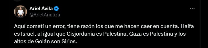 Ariel Ávila con reconociendo el error en su publicación - crédito @ArielAnaliza/X