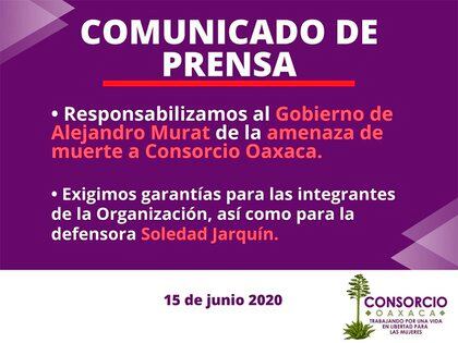 El pasado 15 de junio, Consorcio Oaxaca recibió amenazas de muerte por las que responsabilizó al gobierno estatal  (Foto: Facebook/@Consorcio Oaxaca)