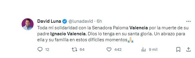 Trino de David Luna sobre la muerte del padre de la senadora Paloma Valencia. (Captura de pantalla)