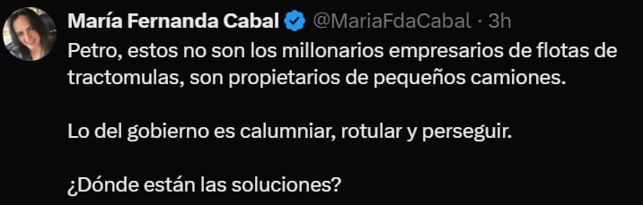 María Fernanda Cabal aseguró que el presidente Petro no piensa en los pequeños camioneros - crédito @MariaFdaCabal
/X