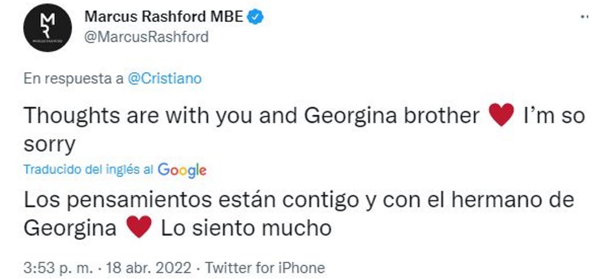 Marcus Rashford, compañero de Cristiano Ronaldo en el Manchester United, dejó un sentido mensaje en Twitter