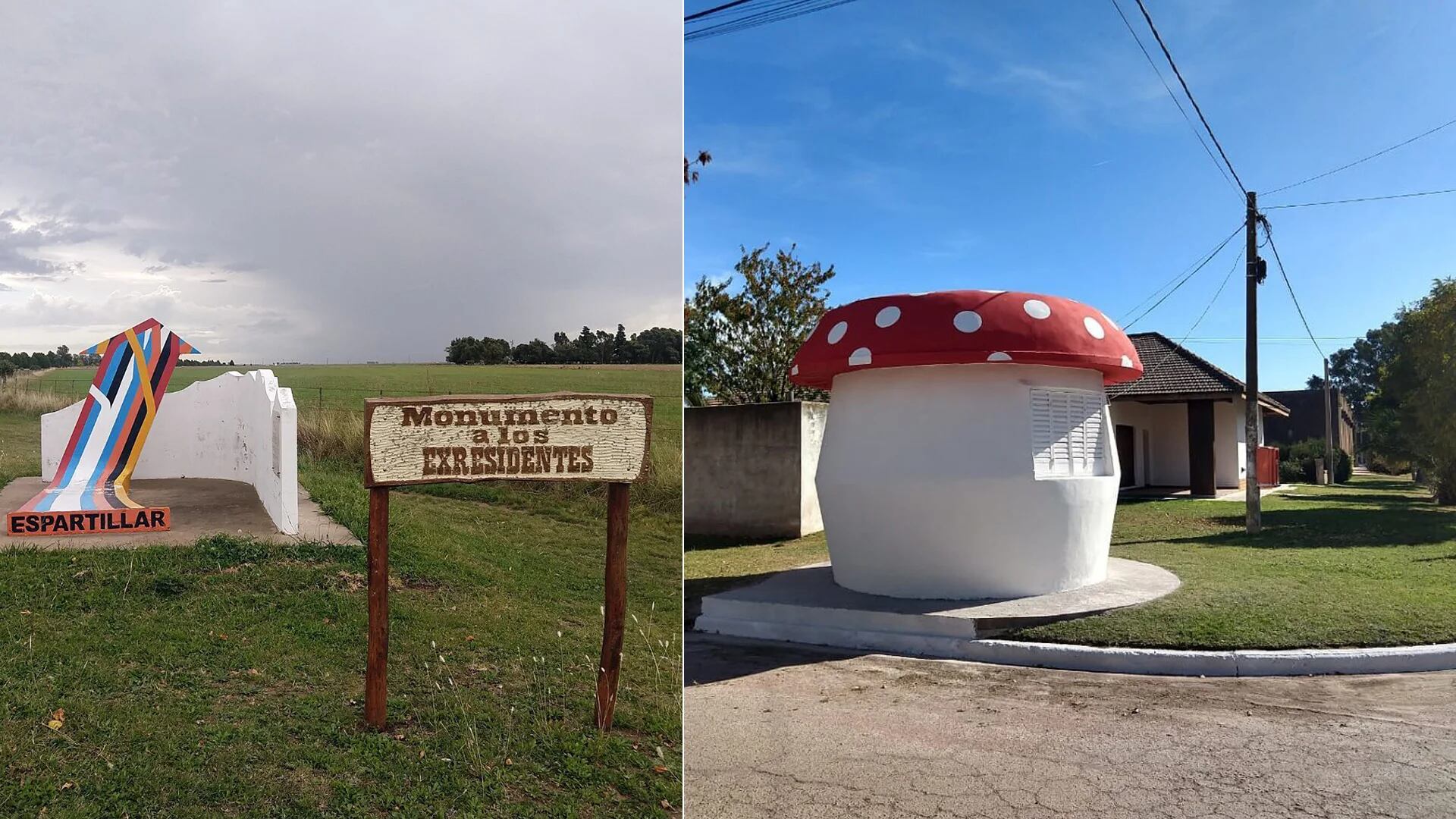 Algunas de las curiosidades de Espartillar: el Monumento a los Expresidentes y el hongo gigante, que es la fachada de un kiosco de la localidad