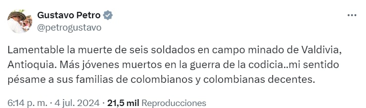 El presidente Petro lamentó la muerte de los militares que cayeron en campo minado en Valdivia, Antioquia - crédito @petrogustavo / X