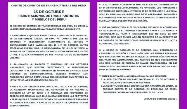 Comunicado del Comité de Gremios de Transportistas del Perú.