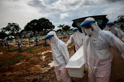 Trabajadores entierran a una persona fallecida por covid-19, en el cementerio público Nossa Senhora Aparecida en Manaos, Amazonas (Brasil). EFE/Raphael Alves/Archivo
