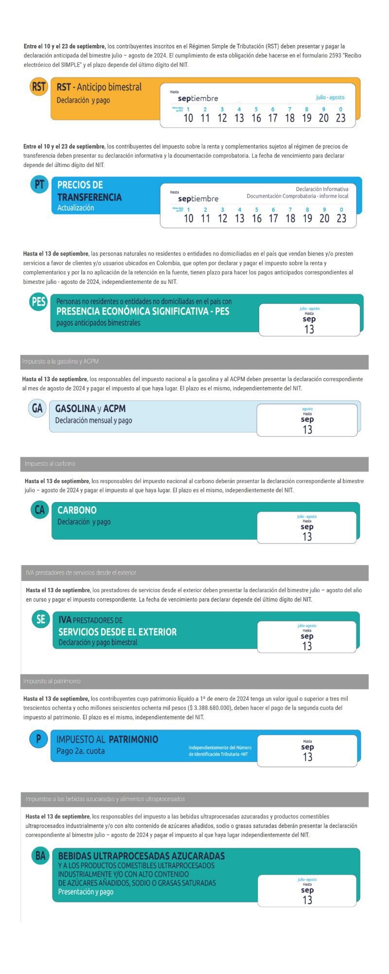 Calendarios y tributos a cancelar en septiembre de 2024 - crédito Dian