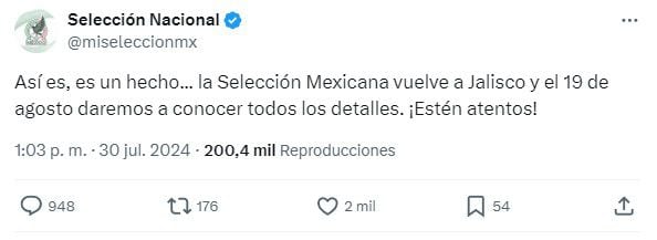 La Selección Mexicana dará a conocer todos los detalles de su regreso a Jalisco el próximo 19 de agosto.