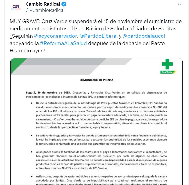 Cambio Radical califica como grave el anuncio de la EPS Cruz Verde - crédito @PCambioRadical/ cuenta X