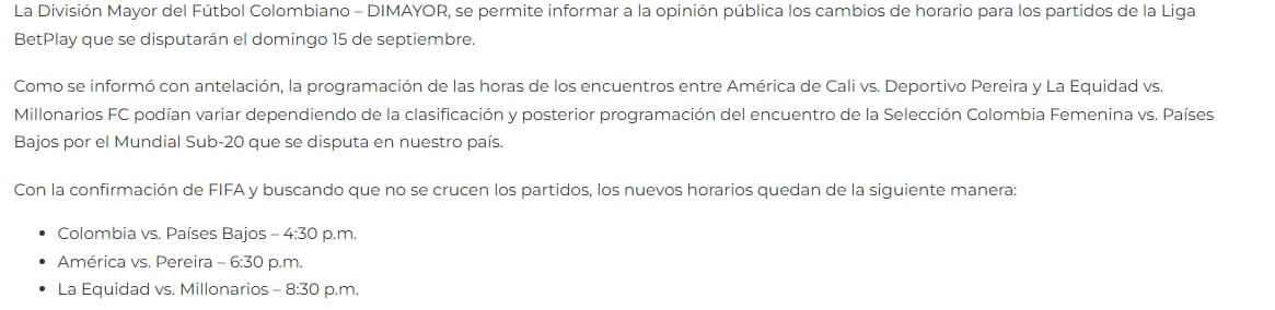 Así lo notificó en su página web el cambio de horarios, la división del fútbol profesional colombiano - crédito página oficial Dimayor