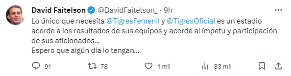 David Faitelson señaló que los Tigres deben de tener un estadio más acorde a su grandeza y palmares.

Foto: Captura de pantalla, X/David Faitelson