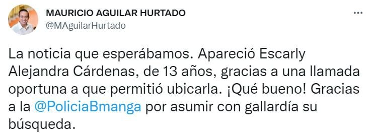 Trino del gobernador de Santander frente al hallazgo de la menor. FOTO: Twitter.