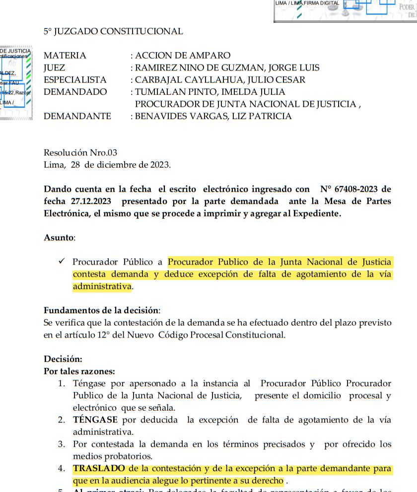 JNJ plantea excepción en uno de los amparos de Patricia Benavides.