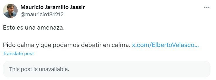 Mauricio Jaramillo Jassir hizo un llamado de atención tras recibir agresiones y comentarios intimidantes - crédito captura de pantalla X