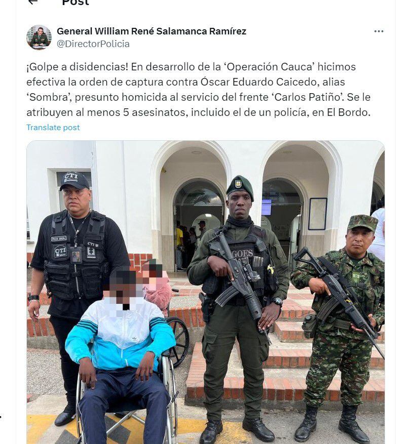 El general William René Salamanca Ramírez habla de una nueva captura de la Policía Nacional - crédito @DirectorPolicia