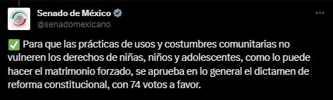 Se aprobó la reforma en contra del matrimonio infantil (X/@senadomexicano)