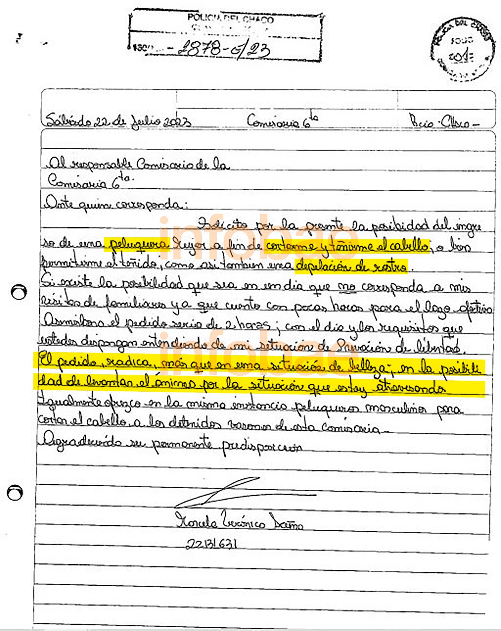 La carta donde solicita una peluquera para "levantar el ánimo"