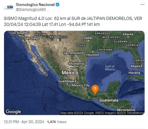 Temblor hoy 30 de abril en México: Se registra un sismo de magnitud 4.0 en Veracruz