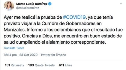 Trino de Marta Lucía Ramírez anunciando su positivo por COVID-19.