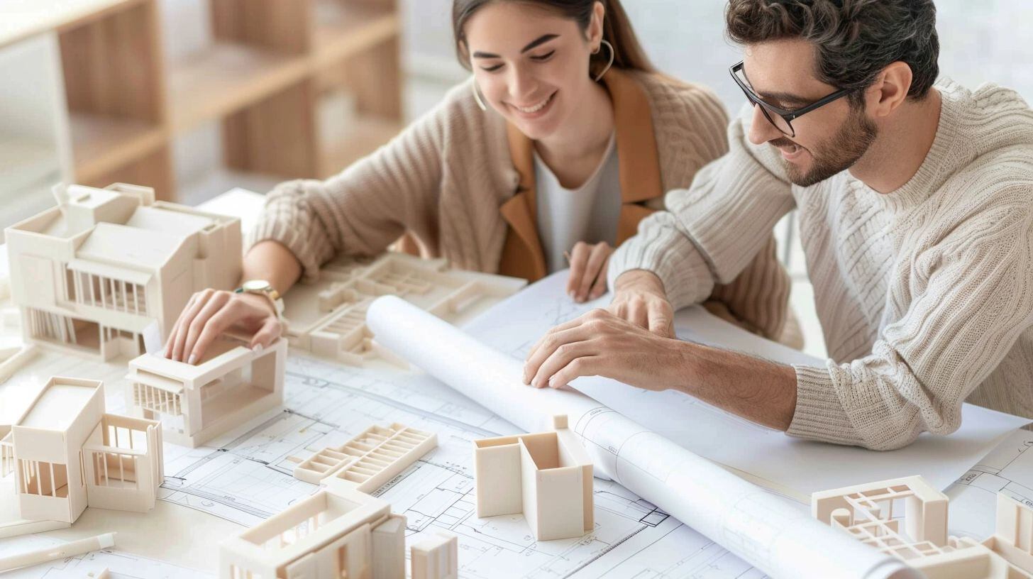 Una pareja de arquitectos jóvenes, Matilde y Javier, trabajando juntos en un proyecto de diseño, rodeados de planos y maquetas. Mientras colaboran, su conexión afectiva es evidente, simbolizando cómo el amor y la pasión por la arquitectura pueden entrelazarse, creando vínculos profundos tanto en el ámbito profesional como personal. (Imagen ilustrativa Infobae)