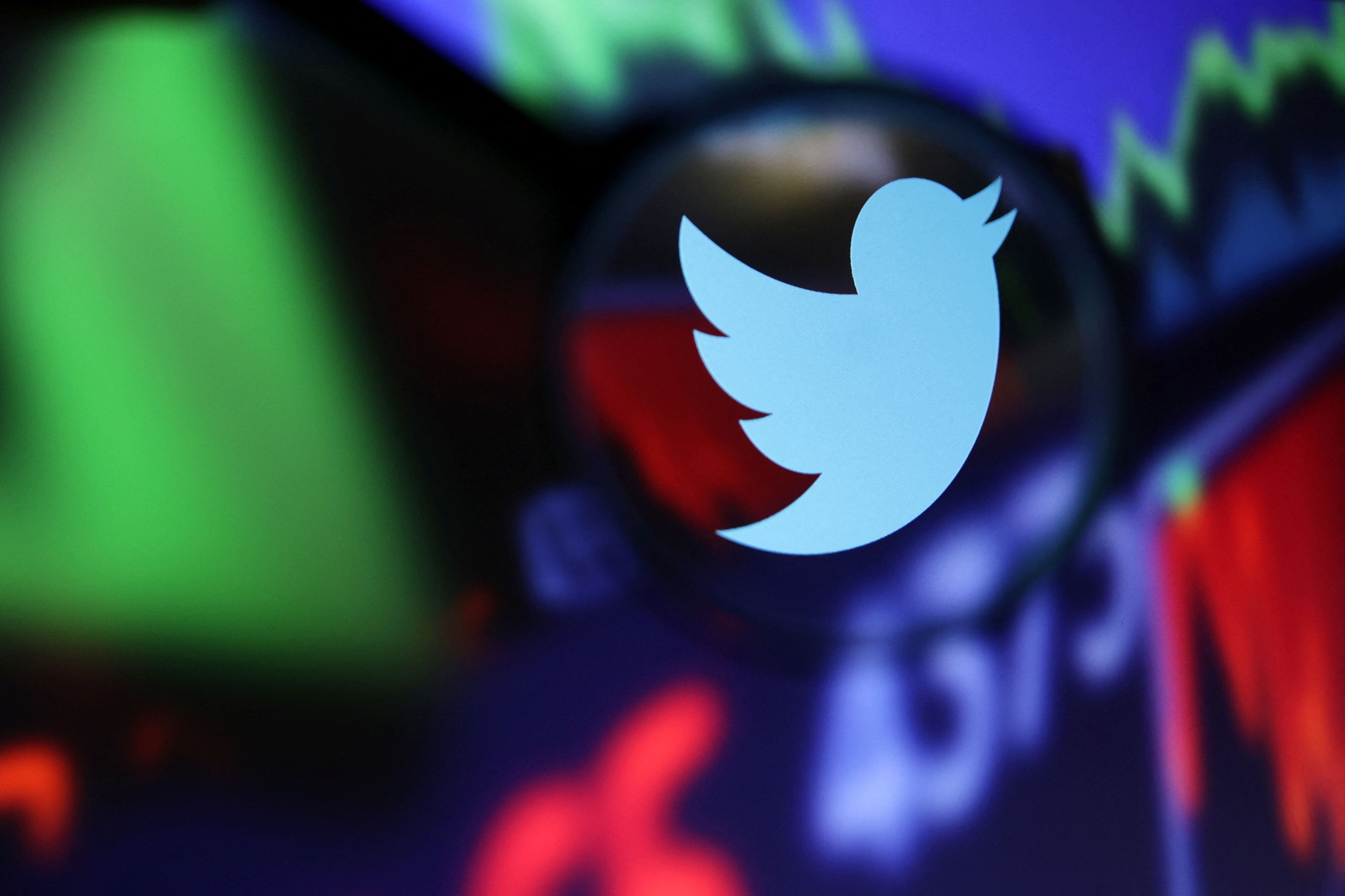 Twitter logo and stock graph are seen through a magnifier displayed in this illustration taken September 4, 2022. REUTERS/Dado Ruvic/Illustration