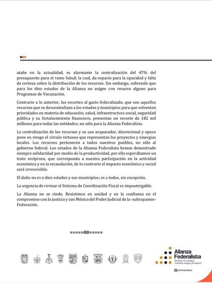 Segunda parte del texto de la Alianza Federalista contra la PEF 2021 (Foto: Twitter / @AF Federalista)