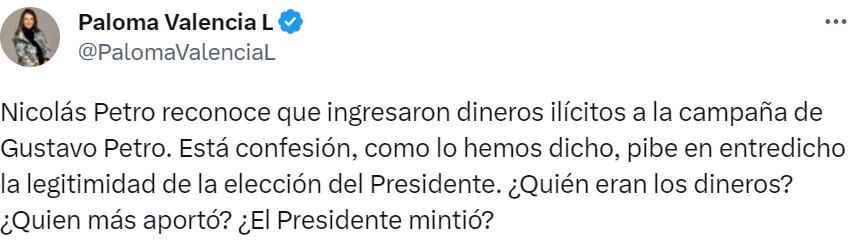 La senadora Paloma Valencia dudó de la legitimidad de la elección de Gustavo Petro. Crédito: @PalomaValenciaL / Twitter