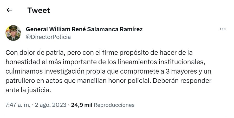 General Salamanca informó de la captura de los tres mayores y el patrullero de la Policía. Foto: Twitter