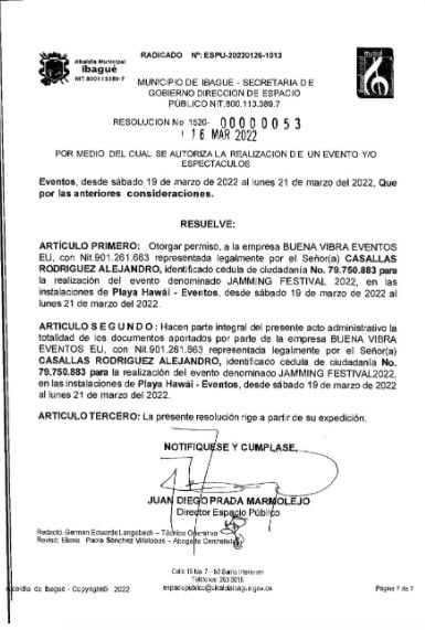 Resolution of the Government Secretariat of the city of Ibagué with the authorization to hold the event