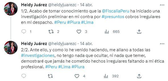 Tuit de la congresista Heidy Juárez.