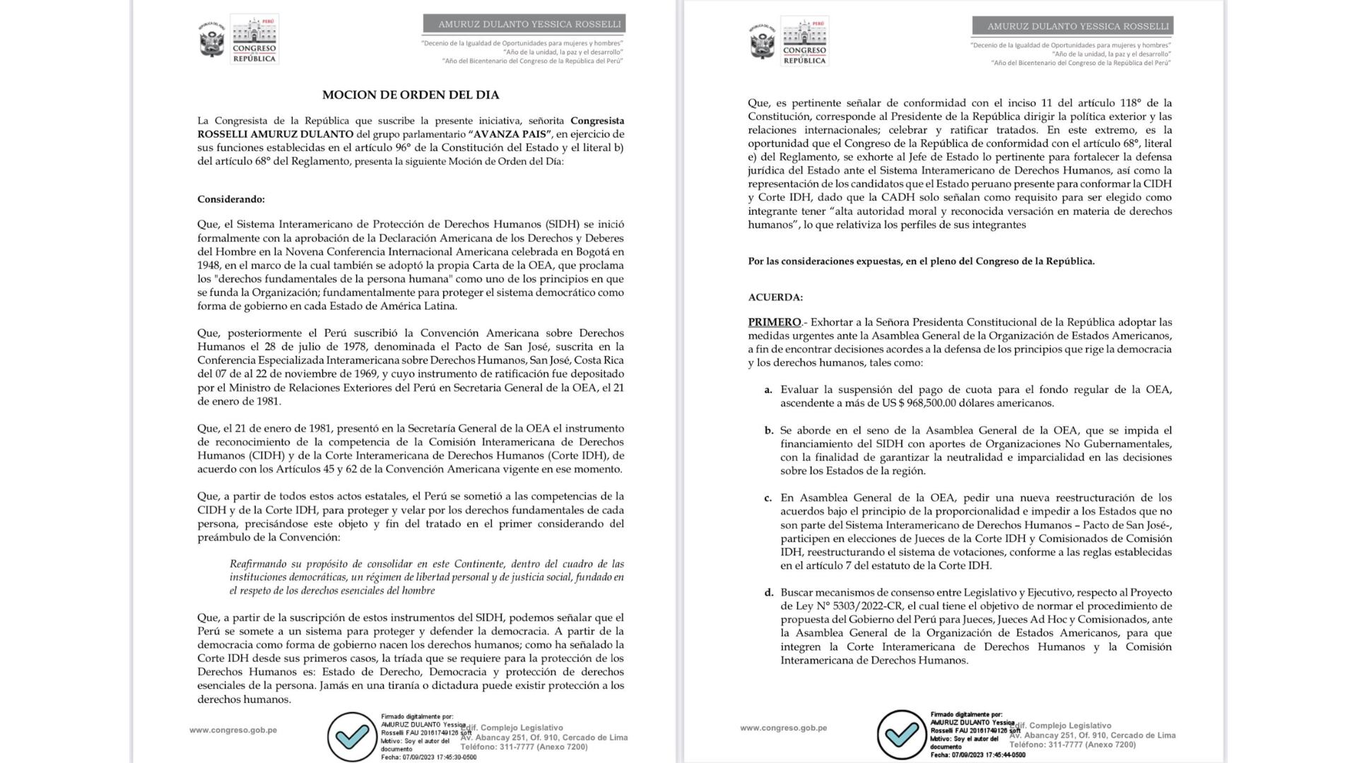 A través de un oficio, la congresista Roselli Amuruz, pidió a la presidenta Dina Boluarte evaluar el pago de la cuota a la OEA| Roselli Amuruz