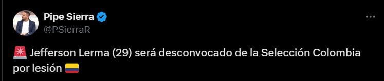 Jefferson Lerma, al parecer, no le alcanzaría el tiempo de recuperación para jugar con la selección Colombia por eliminatorias - crédito @PSierraR/X