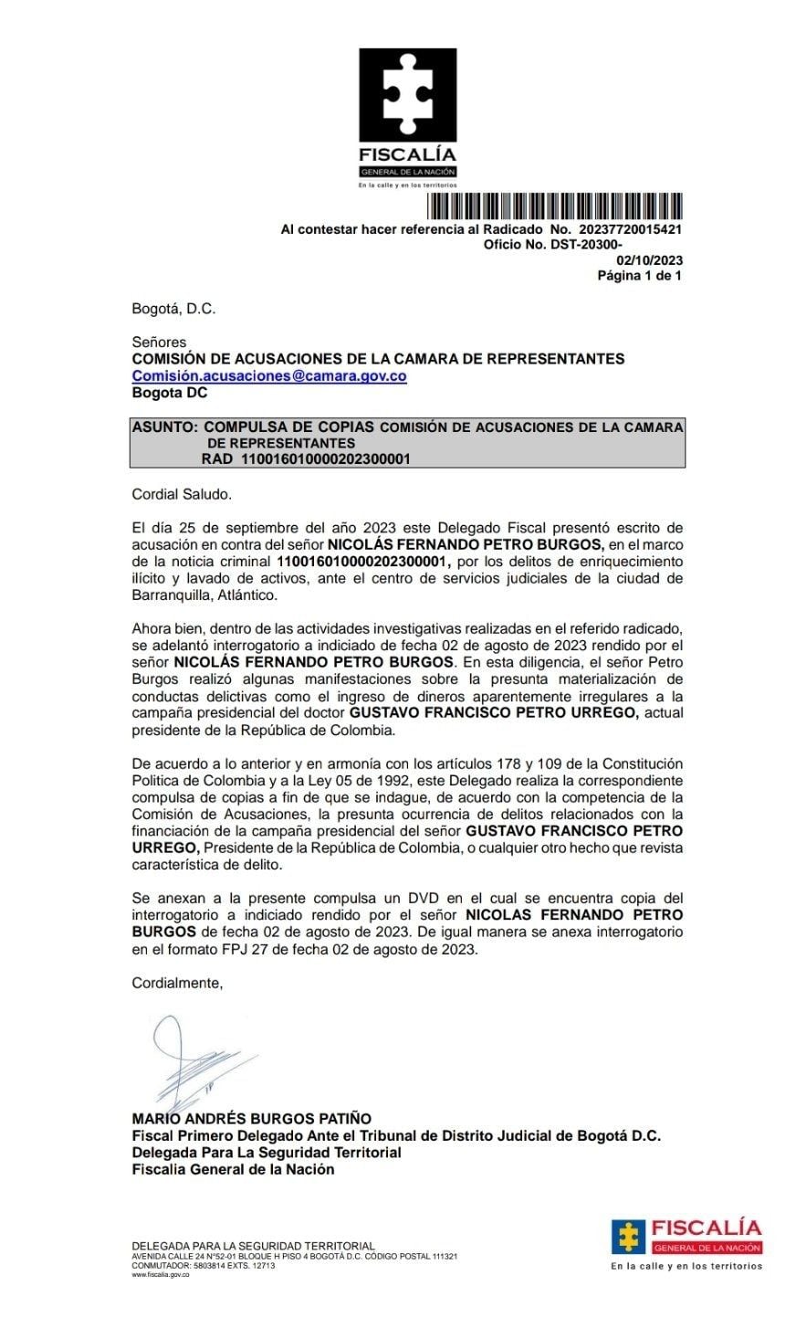 Este es el documento con el que el fiscal Mario Burgos compulsó copias al Consejo Nacional Electoral y la Comisión de Acusaciones de la Cámara para que investigue una presunta financiación de la campaña a la presidencia de Gustavo Petro - crédito Infobae Colombia