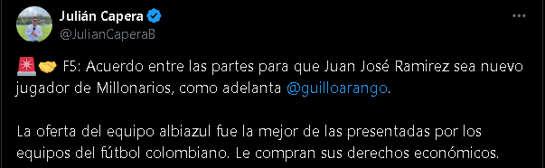 Juan José Ramírez, la figura de Orsomarso en 2024, habría aceptado la oferta de Millonarios - crédito @JulianCaperaB/X
