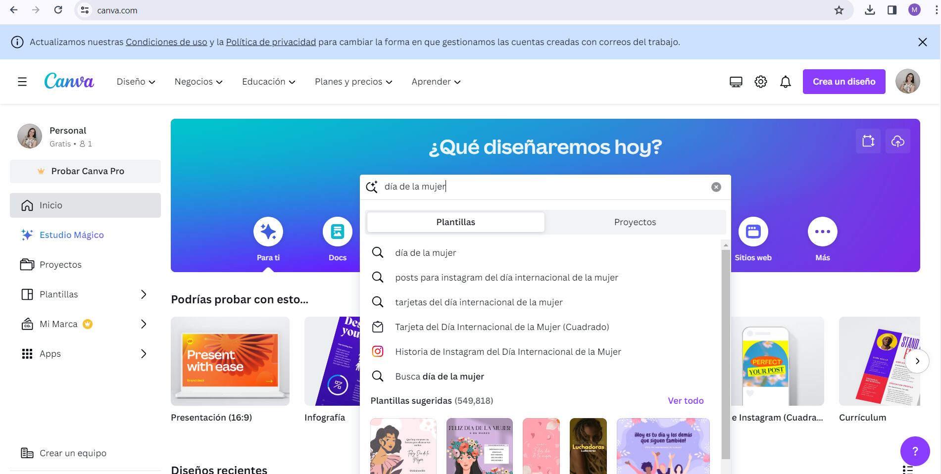 Basta con escribir 'Día de la Mujer' en el buscador de Canva. (Canva)